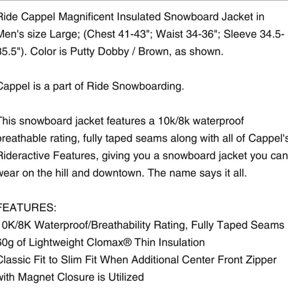 Ride Cappel Magnificent Insulated Snowboard Jacket, large, putty/brown - Picture 12 of 16